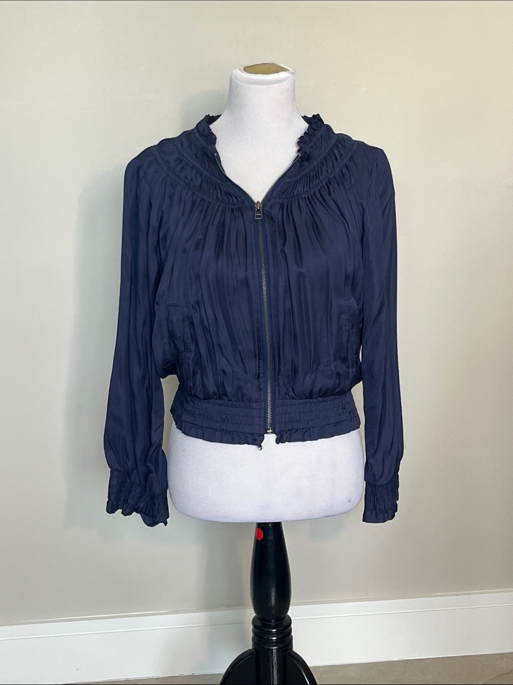 Love Sam Navy Ruching Zip-Front Bomber Jacket